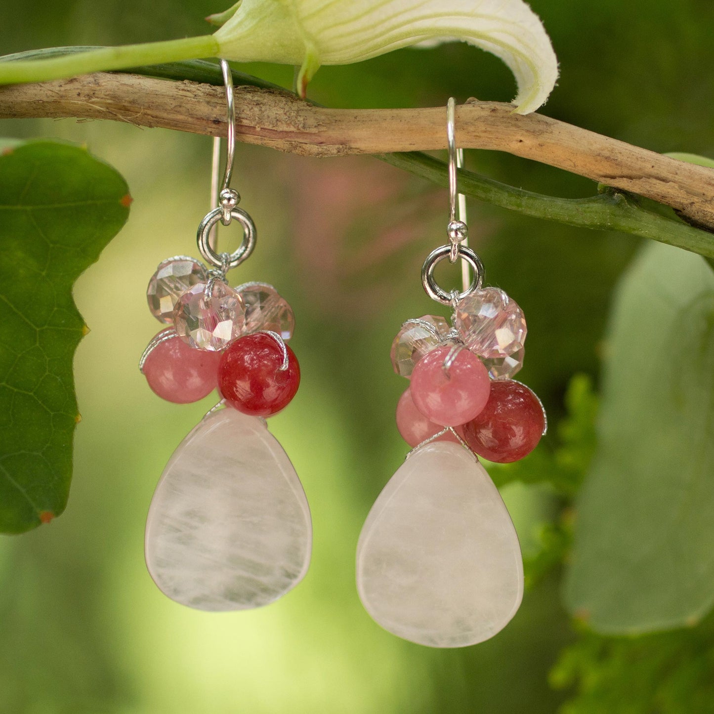 Pink Rose Quartz Silver Beaded Earrings