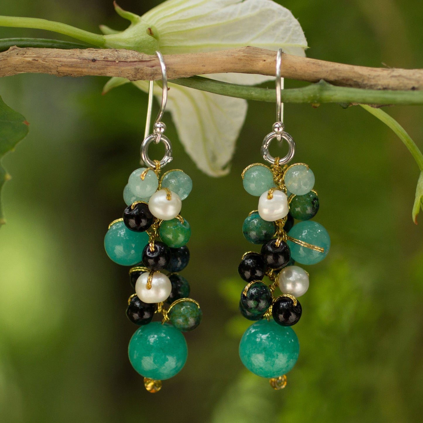 Verdant Vineyard Thai Pearl Green Agate Quartz Cluster Earrings