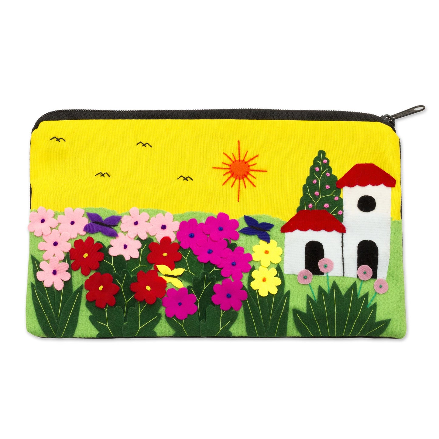 Sunny Afternoon Andean Folk Art Cotton Applique Cosmetic Case