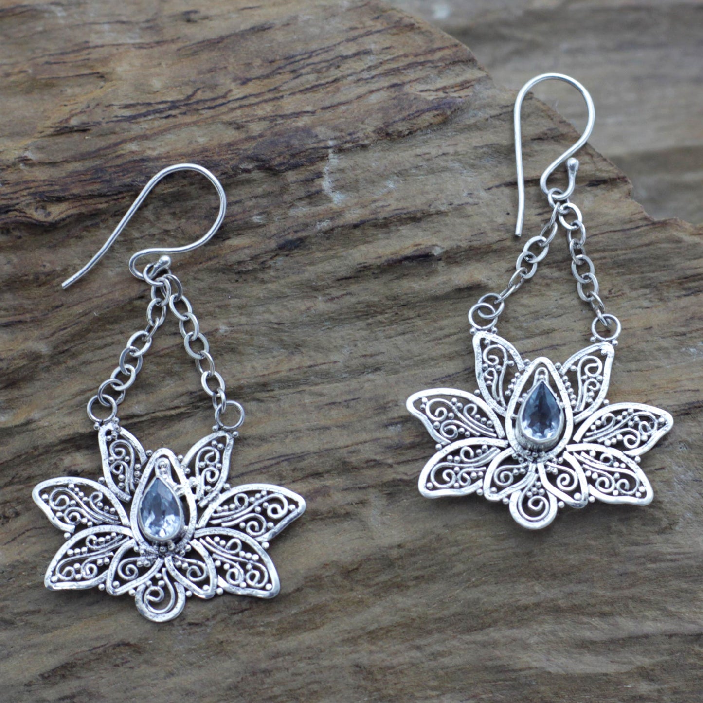 Treasured Lotus Blue topaz flower earrings