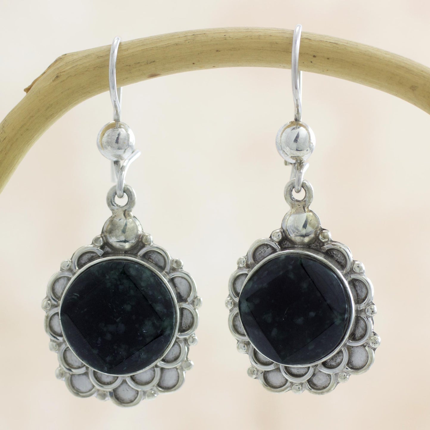 Shadow Blossom Silver and Dark Green Jade Floral Earrings