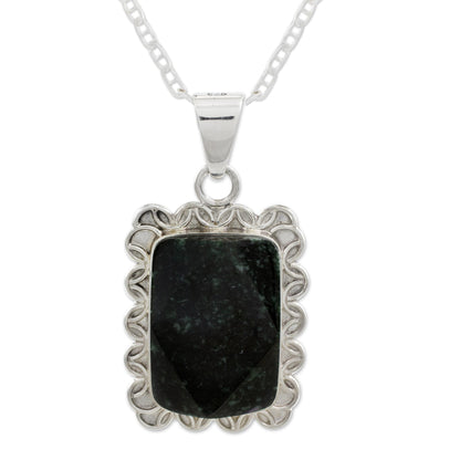 Dark Floral Halo Dark Green Jade and Sterling Silver Necklace Guatemala