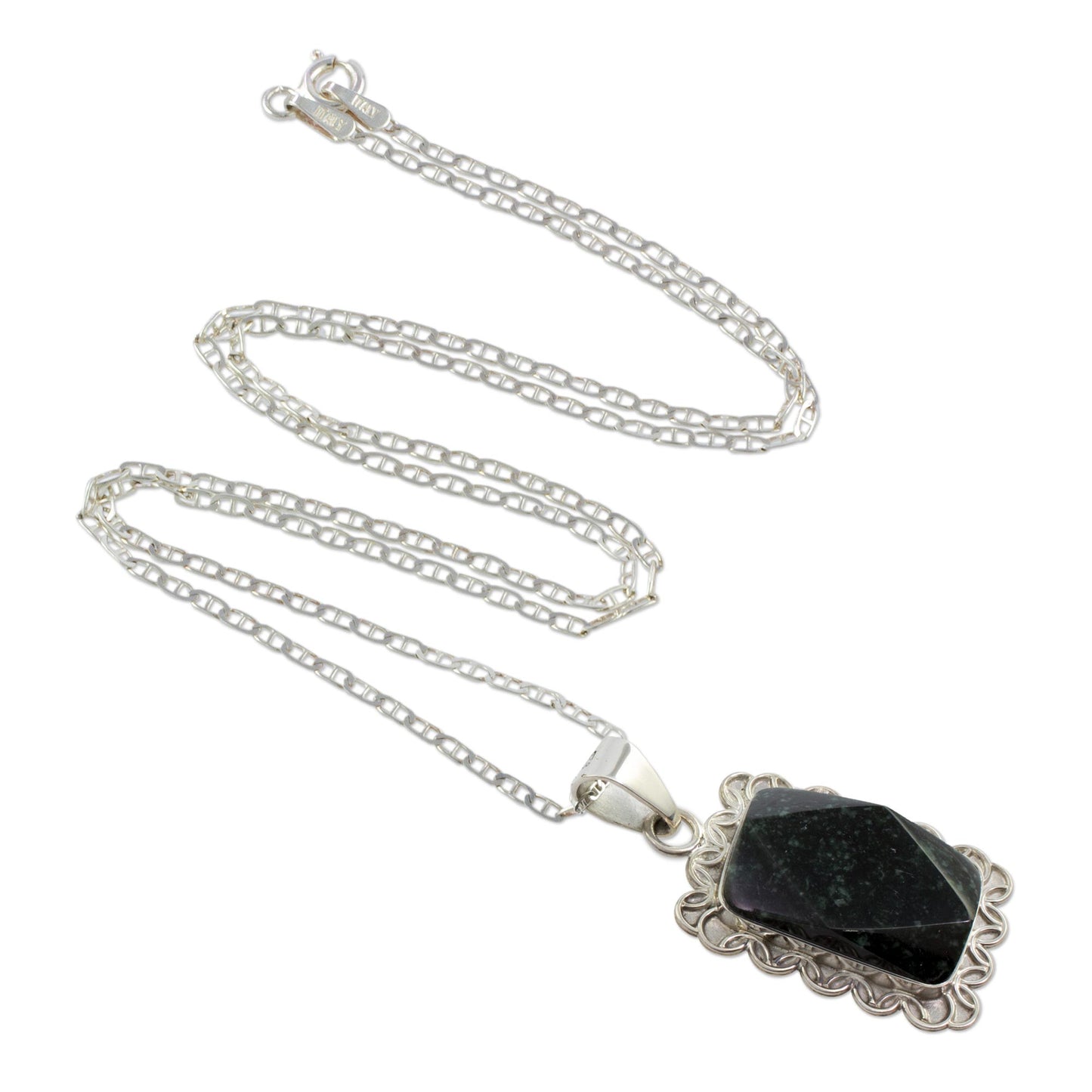 Dark Floral Halo Dark Green Jade and Sterling Silver Necklace Guatemala