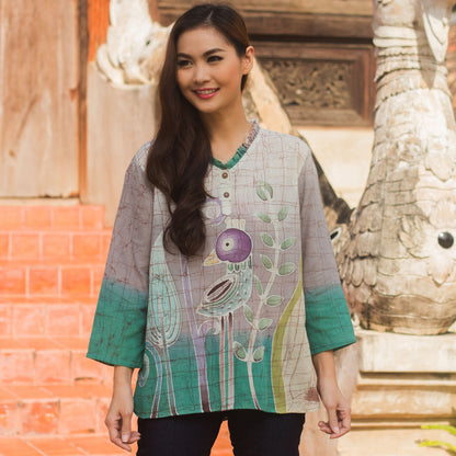 Purple Bird Green & Purple Cotton Batik Tunic