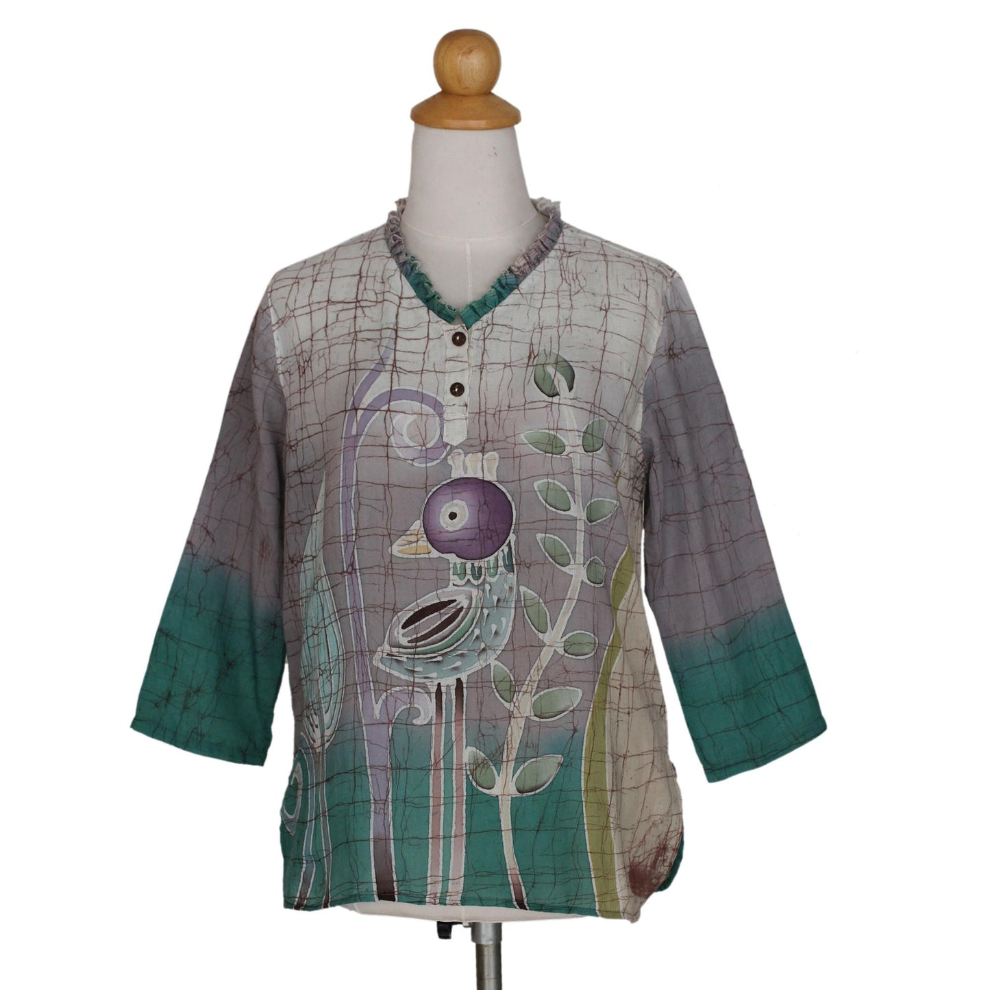 Purple Bird Green & Purple Cotton Batik Tunic