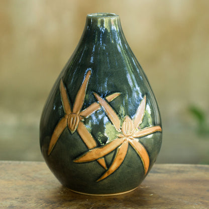 Dragonfly Orchids Celadon Ceramic Vase Handcrafted in Green and Brown