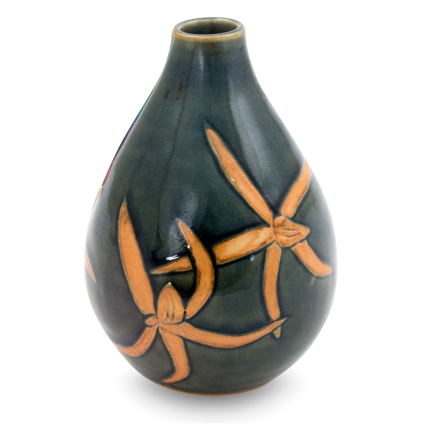 Dragonfly Orchids Celadon Ceramic Vase Handcrafted in Green and Brown