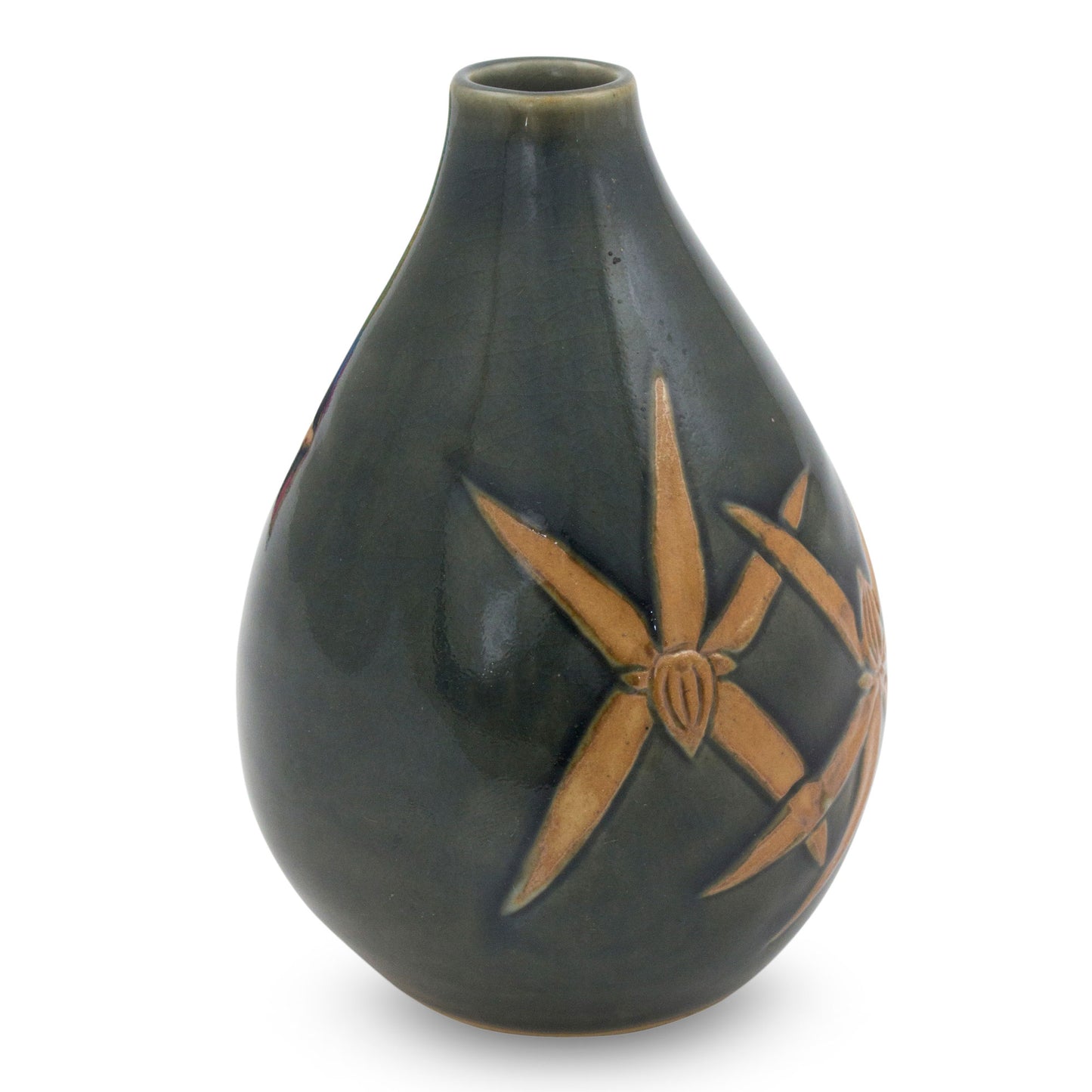 Dragonfly Orchids Celadon Ceramic Vase Handcrafted in Green and Brown