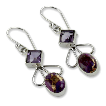 Bollywood Purple Amethyst Comp Turquoise and Silver Artisan Crafted Earrings