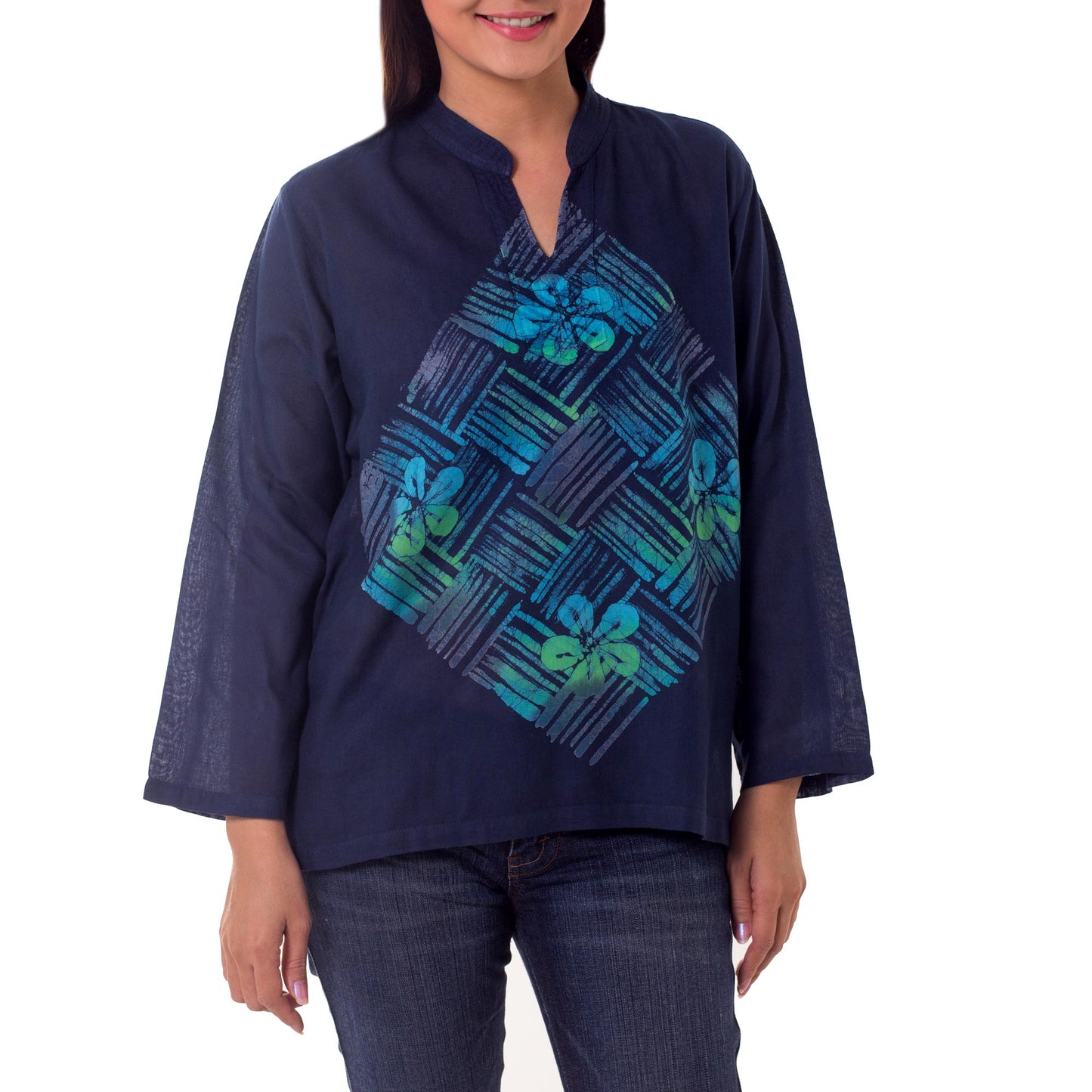 Blue Frangipani Universe Cotton Batik Tunic