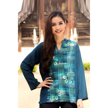 Teal Thai Hibiscus Cotton Batik Tunic