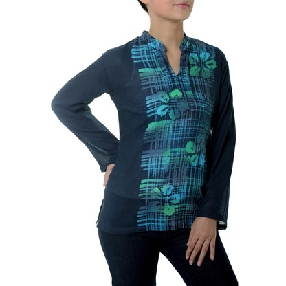 Teal Thai Hibiscus Cotton Batik Tunic