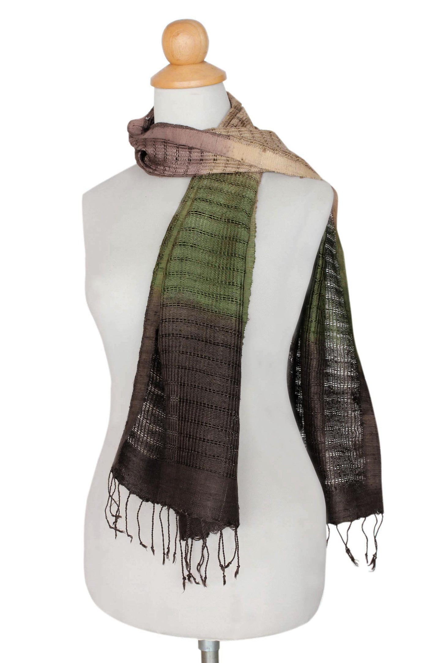 Forest Evolution Fair Trade Green and Brown Tie-Dye Bark Silk Scarf