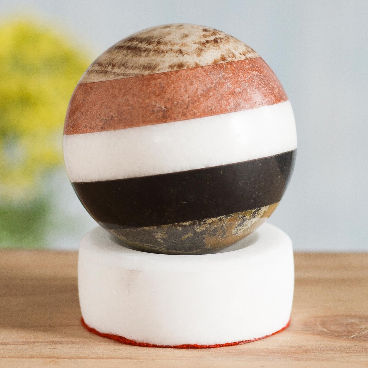 Peaceful Harmony Natural Gemstones Sphere Sculpture with Onyx Stand