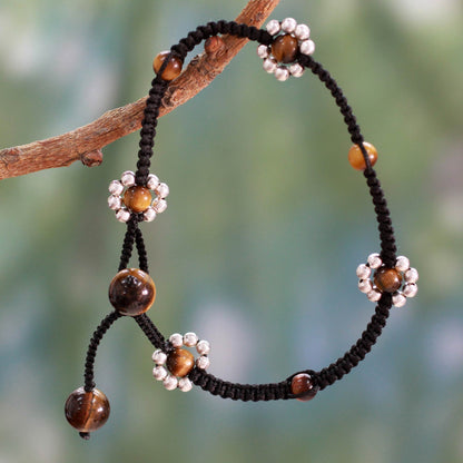 Blossoming Quartet Tiger's Eye Silver Beaded Anklet