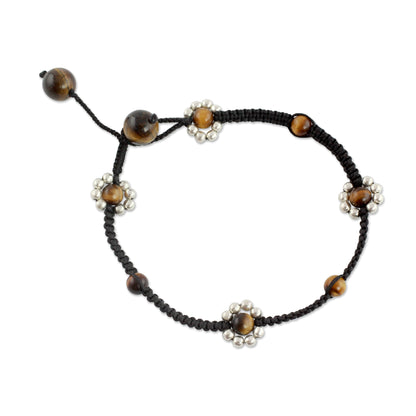 Blossoming Quartet Tiger's Eye Silver Beaded Anklet