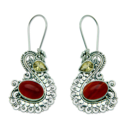 Balinese Swan Silver Swan Earrings with Carnelian and Citrine