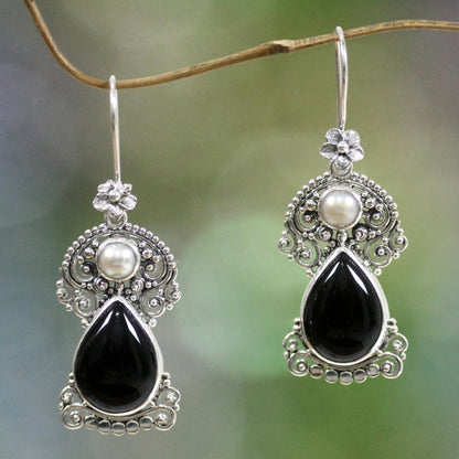 Frangipani Onyx & Pearl Dangle Earrings