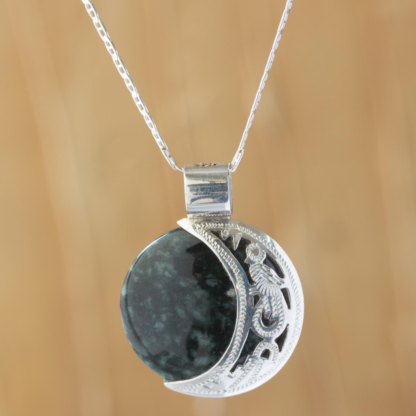 Quetzal Eclipse Maya Eclipse Pendant Green and Black Jade on Silver Jewelry