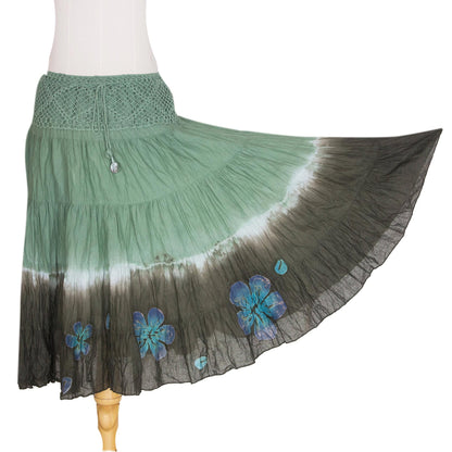 Green Boho Chic Long Cotton Batik and Crochet Skirt from Thailand