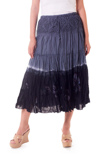 Grey Boho Chic Long Cotton Batik and Crochet Skirt from Thailand