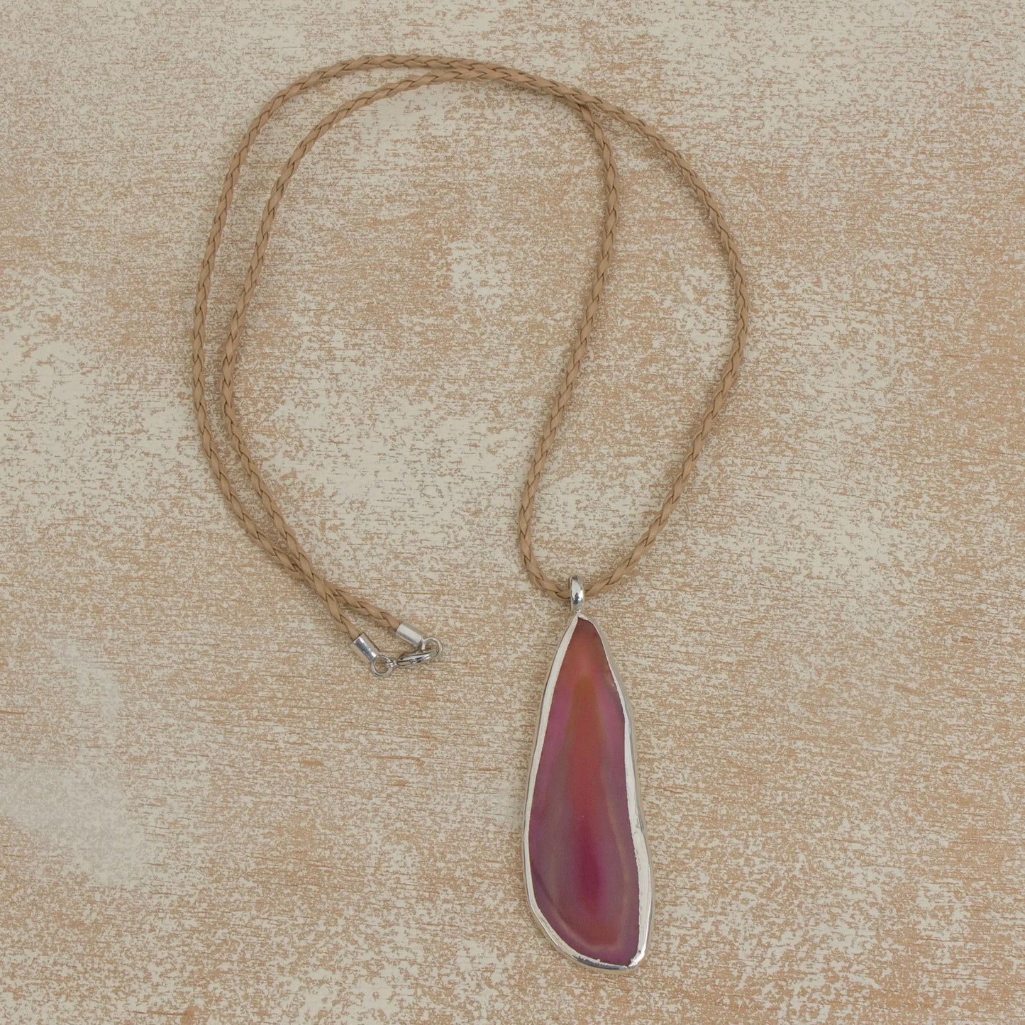 Uniquely Pink Agate and Sterling Silver on Leather Necklace