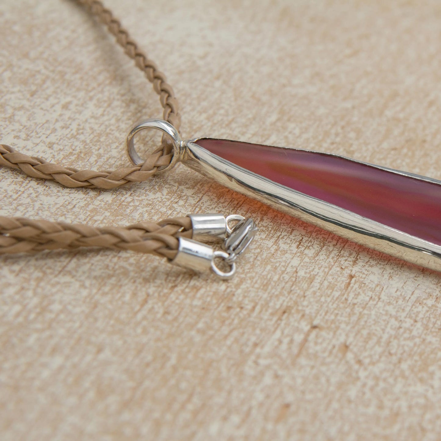 Uniquely Pink Agate and Sterling Silver on Leather Necklace