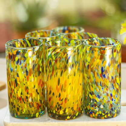 Lime Rainbow Raindrops Hand Crafted Blown Glass Tumblers (set of 6)