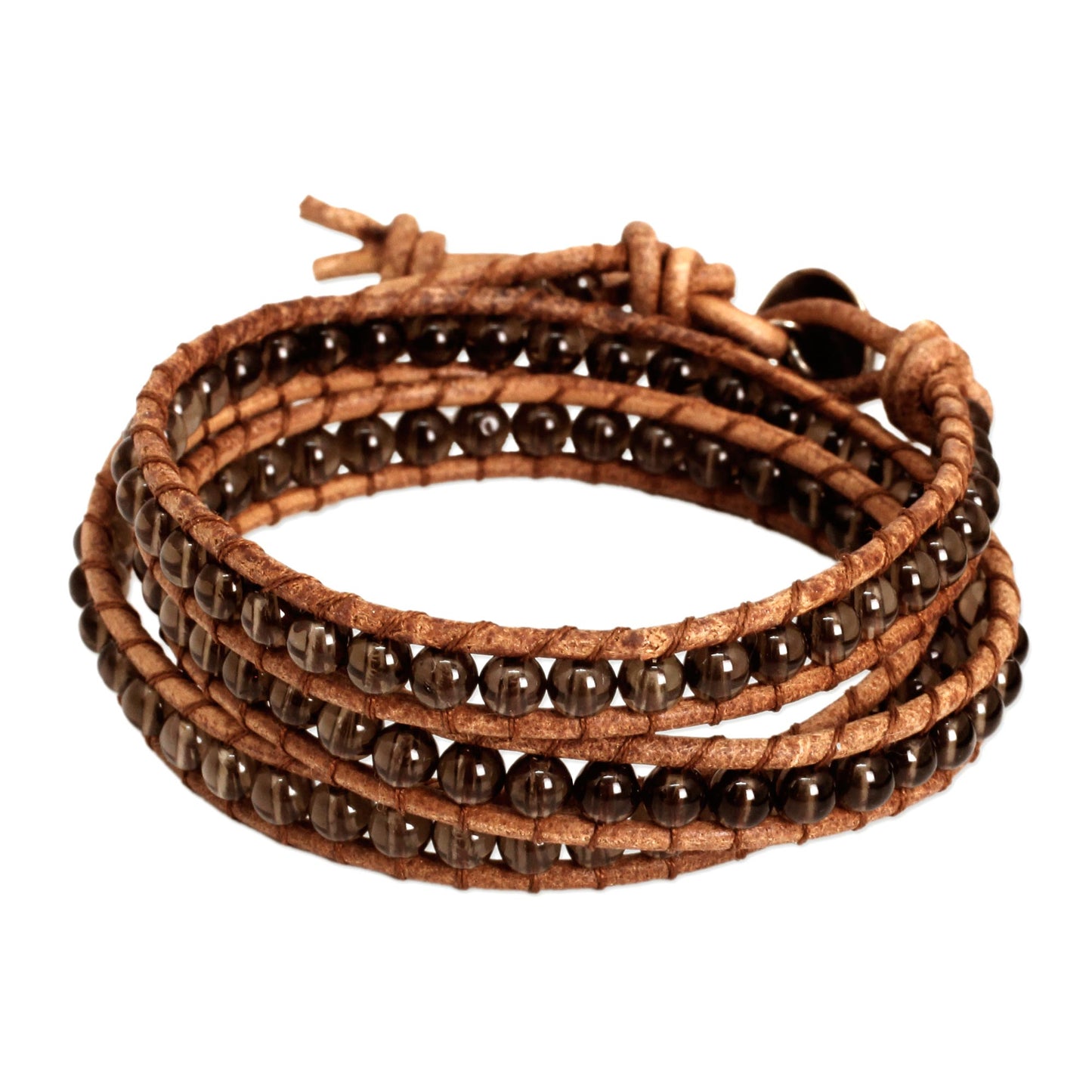 Joyful Life Smoky Quartz and Leather Wrap Bracelet Thai Jewelry