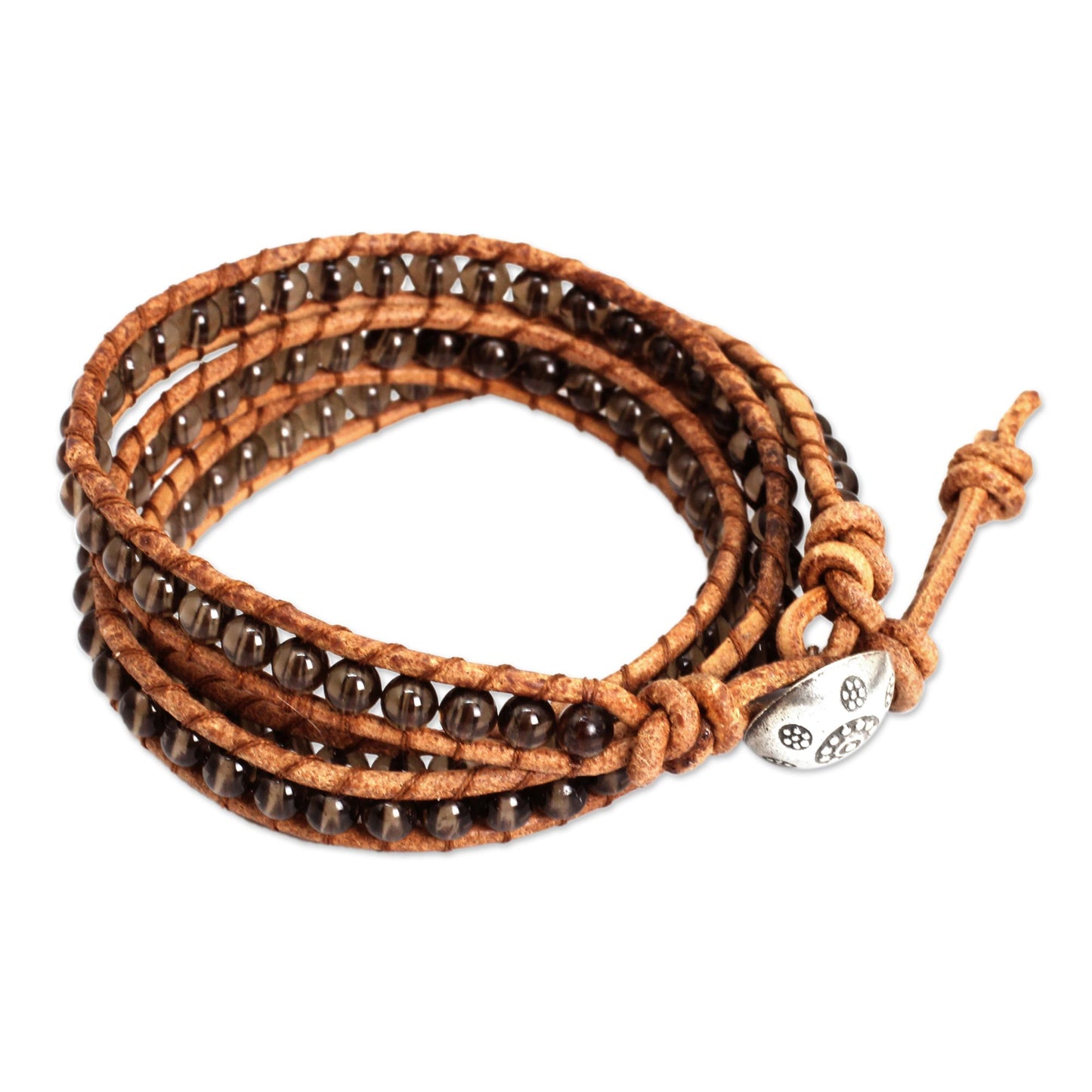 Joyful Life Smoky Quartz and Leather Wrap Bracelet Thai Jewelry