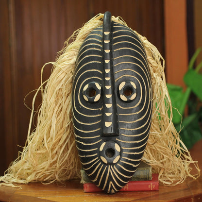 Northern Water Spirit Hand Carved African Mask with Raffia