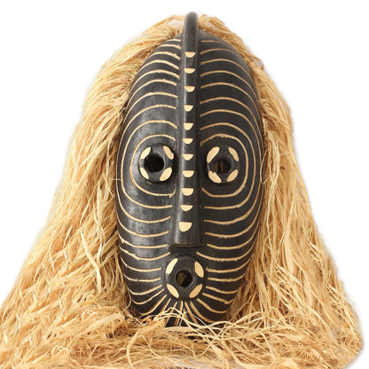 Northern Water Spirit Hand Carved African Mask with Raffia