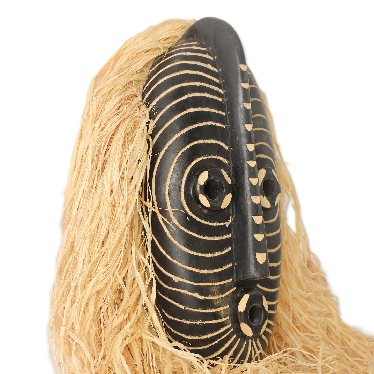 Northern Water Spirit Hand Carved African Mask with Raffia