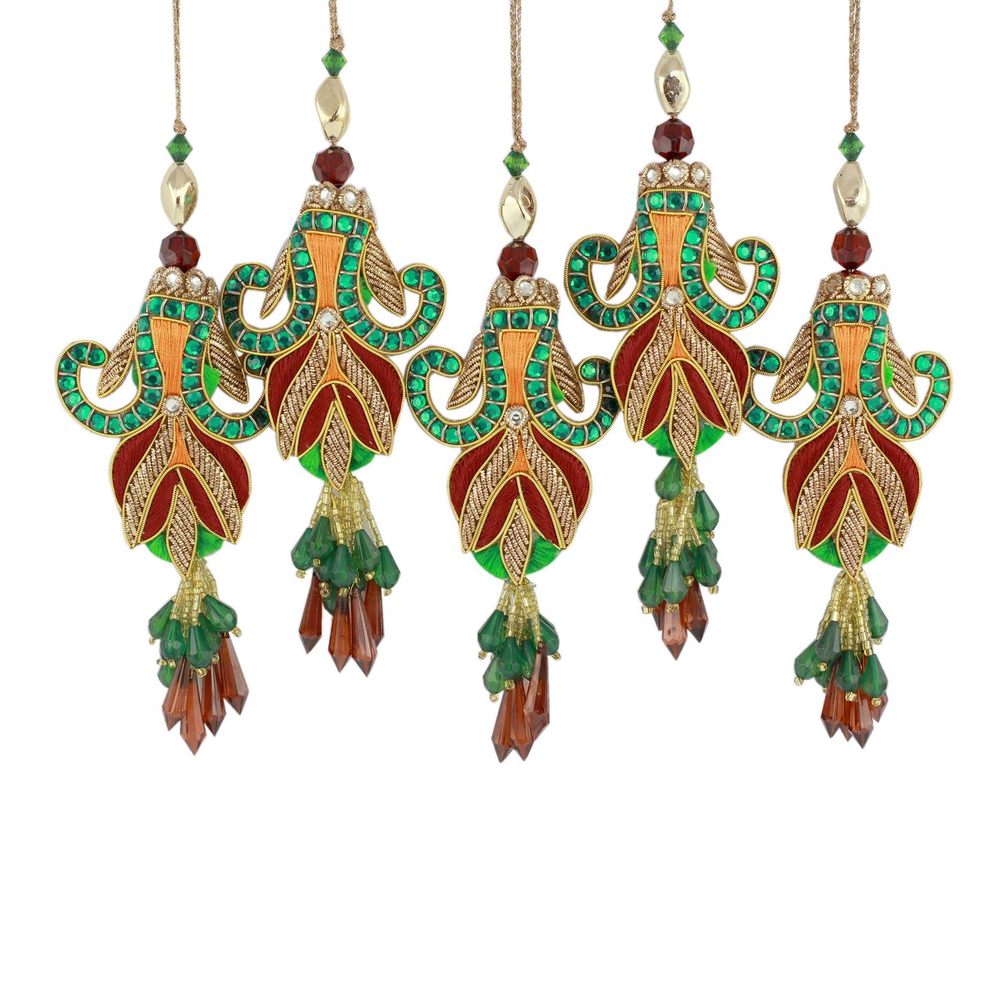 Mughal Tulips Embroidered Beaded Ornaments from India (set of 5)