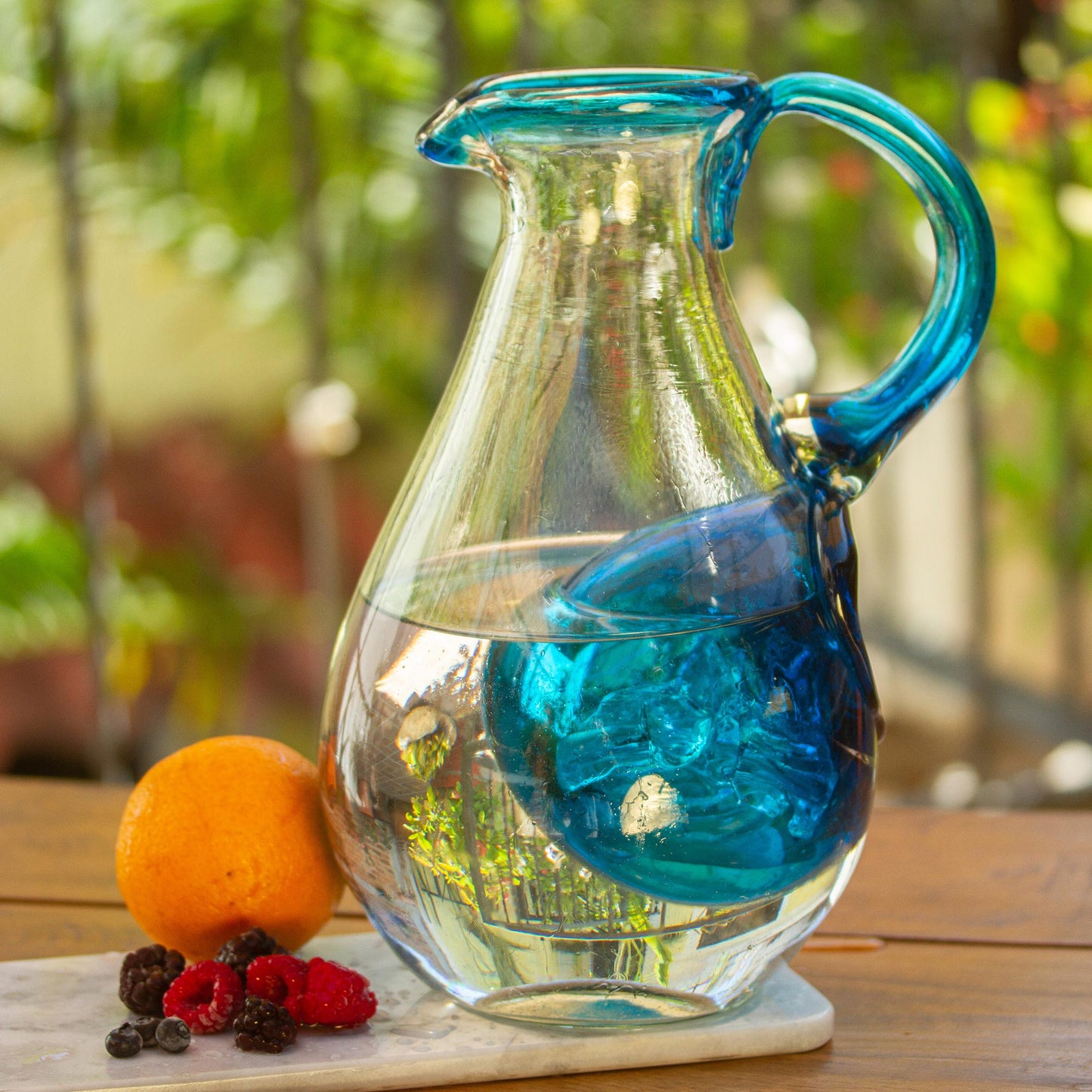 Fresh Caribbean Hand Made Blown Glass Pitcher with Ice Chamber