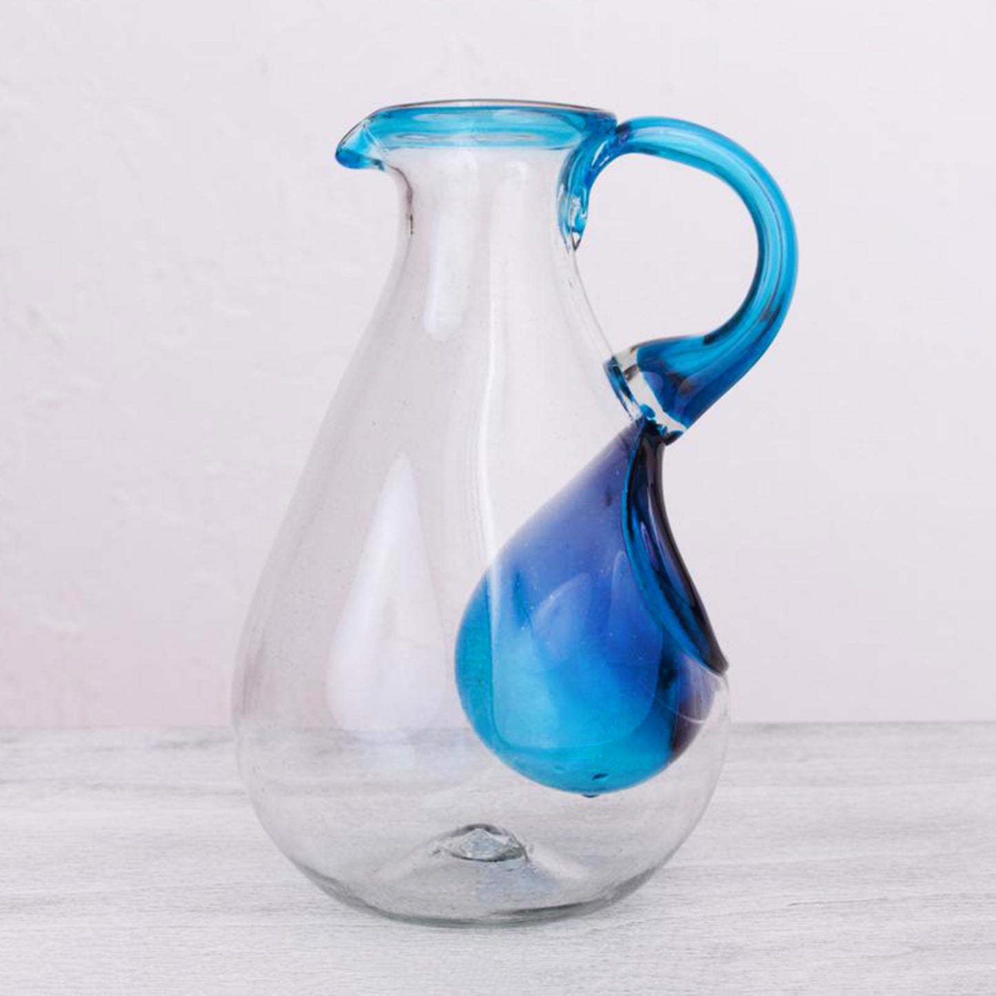 Fresh Caribbean Hand Made Blown Glass Pitcher with Ice Chamber