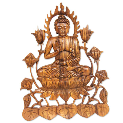 Enlightened Buddha Balinese Hand Carved Buddha Relief Panel