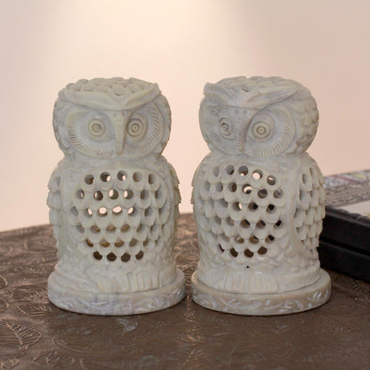 Lucky Owls Handcrafted Natural Soapstone Candleholders