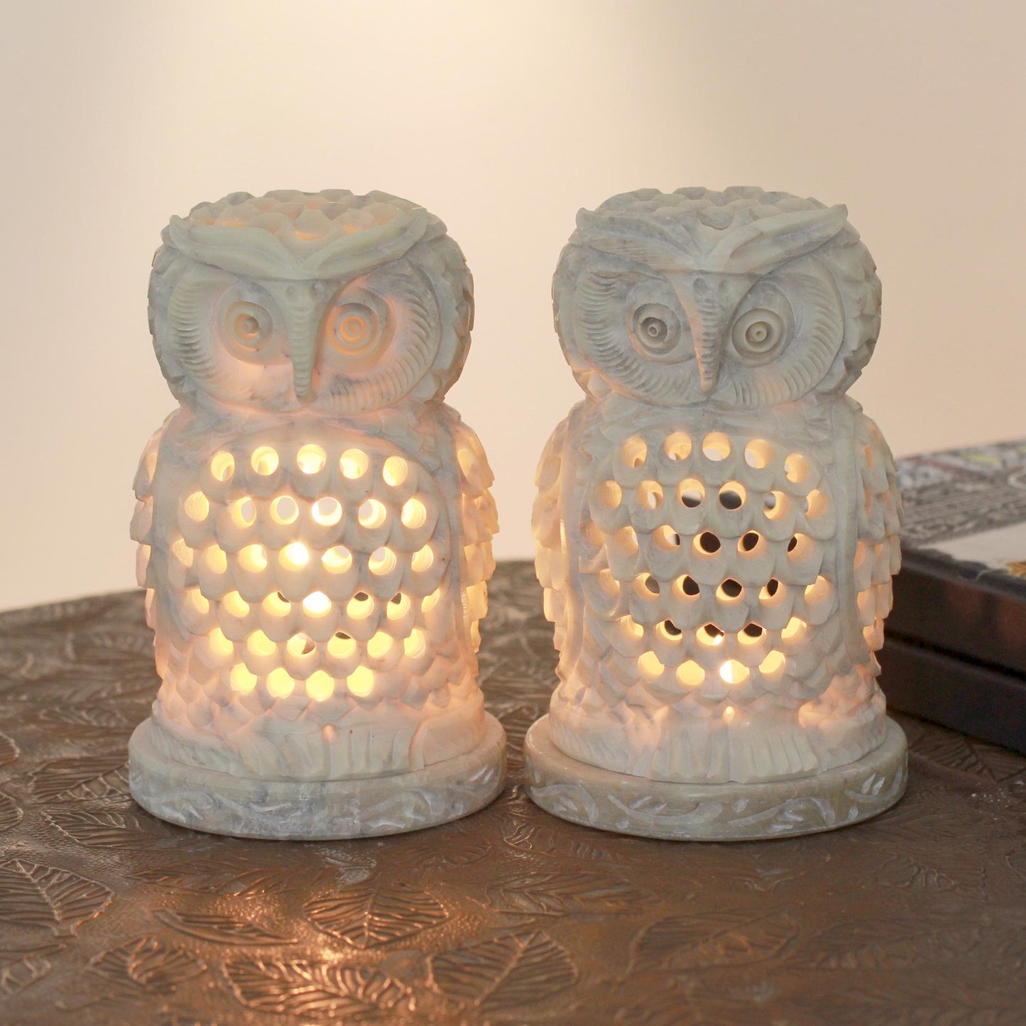 Lucky Owls Handcrafted Natural Soapstone Candleholders