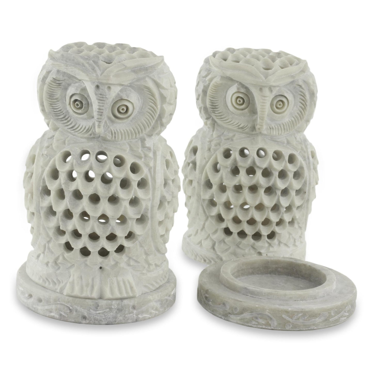 Lucky Owls Handcrafted Natural Soapstone Candleholders