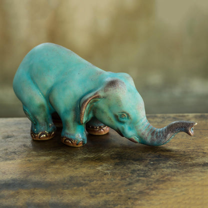 Turquoise Elephant Sawasdee Artisan Crafted Ceramic Statuette