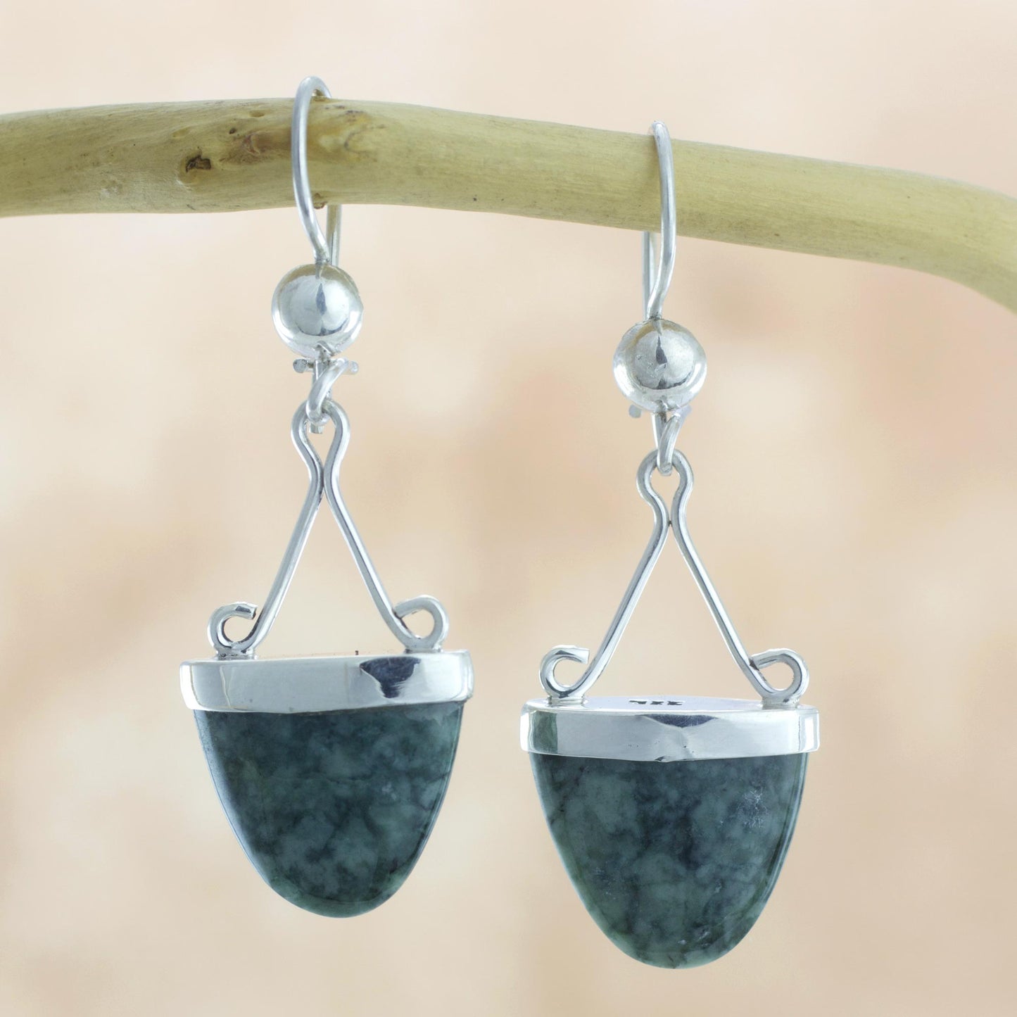 Power of Life Artisan Crafted Green Jade Sterling Silver Earrings