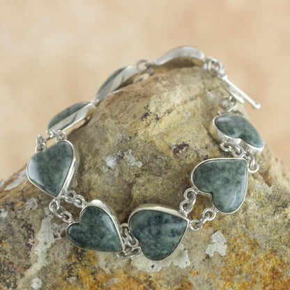 Love Immemorial Heart Shaped Jade Sterling Silver Link Bracelet