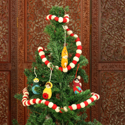 Candy Cane Pompoms Red and White Handmade Felt Holiday Garland