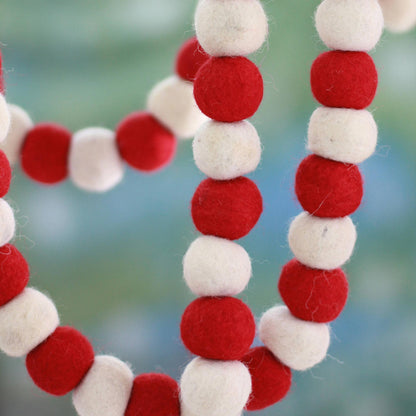 Candy Cane Pompoms Red and White Handmade Felt Holiday Garland