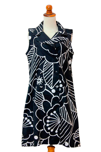 Kuta Retro Balinese Black and White Short Cotton Print Wrap Shirtdress