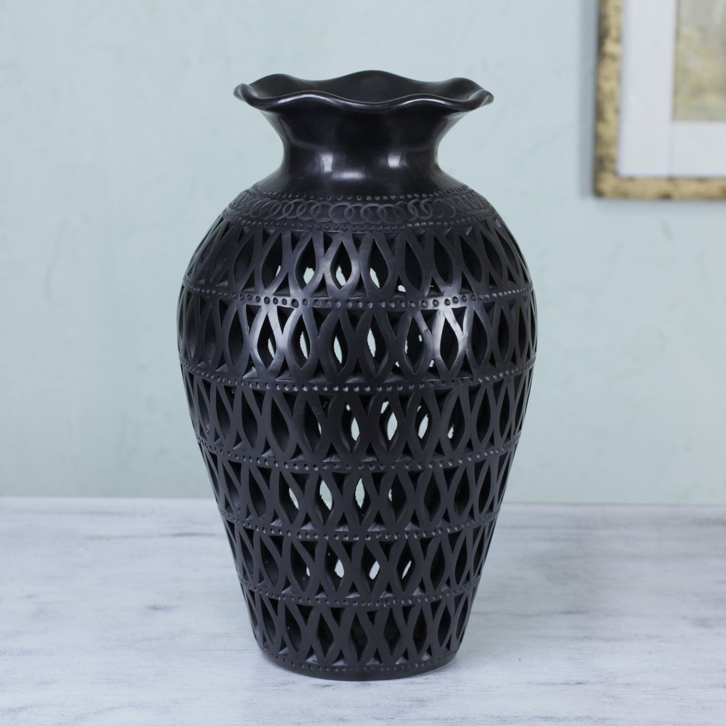 Magic Leaves Mexican Cutout Black Pottery Vase