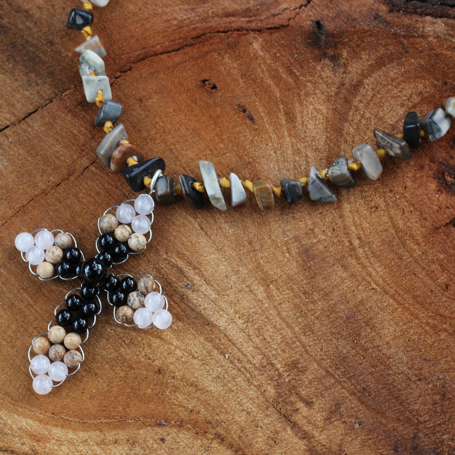 Precious Cross Thai Quartz and Jasper Beaded Cross Necklace