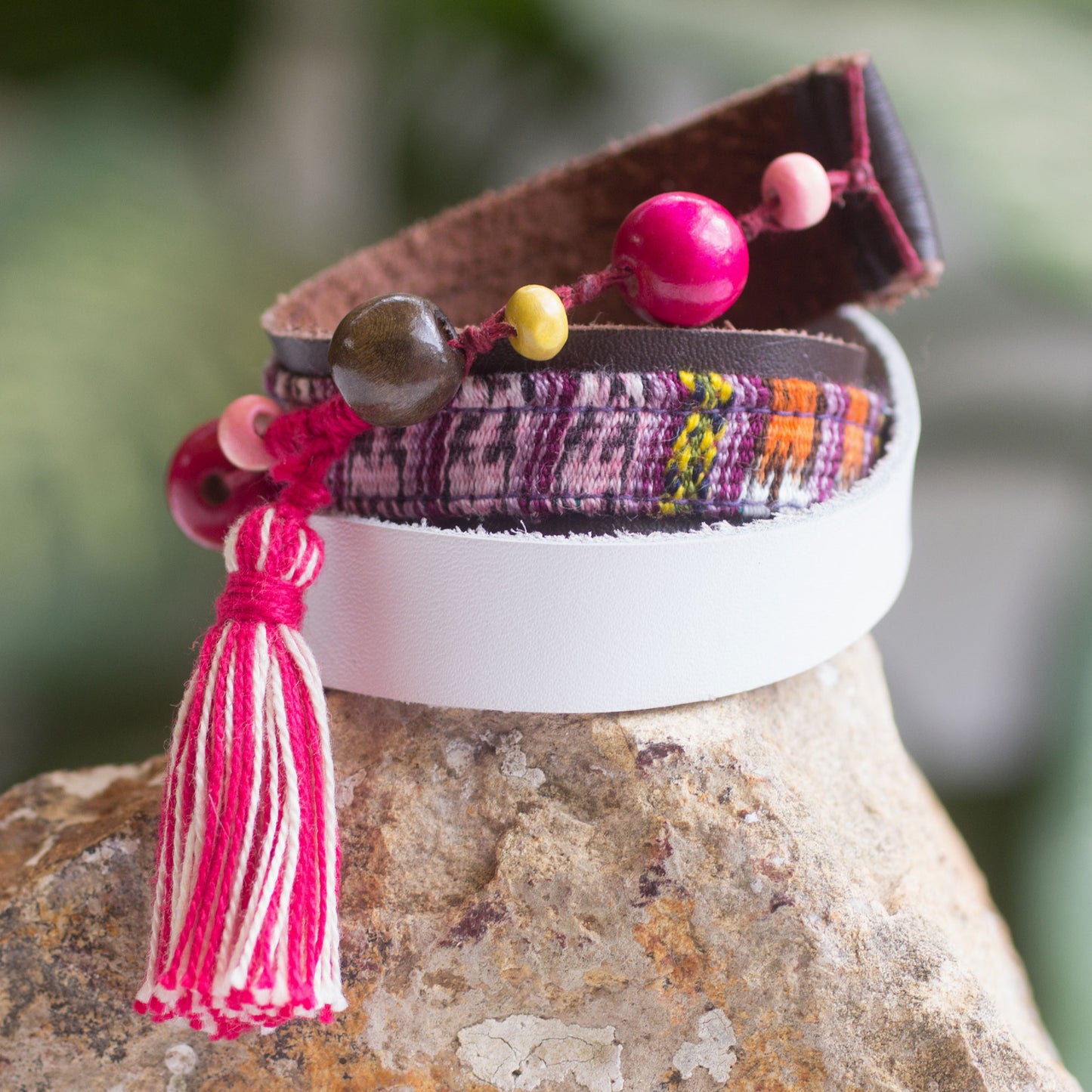 Harmony and Peace Leather and Cotton Wrap Bracelet