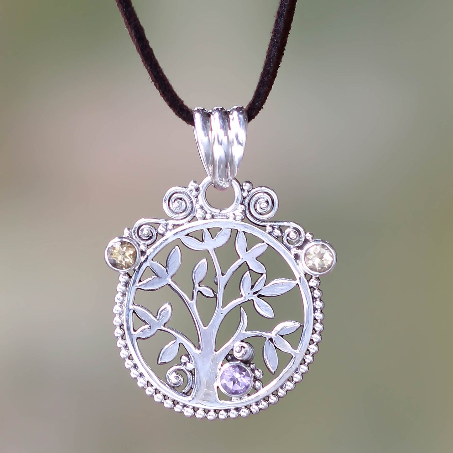 Tree in Paradise Citrine Amethyst & Silver Necklace